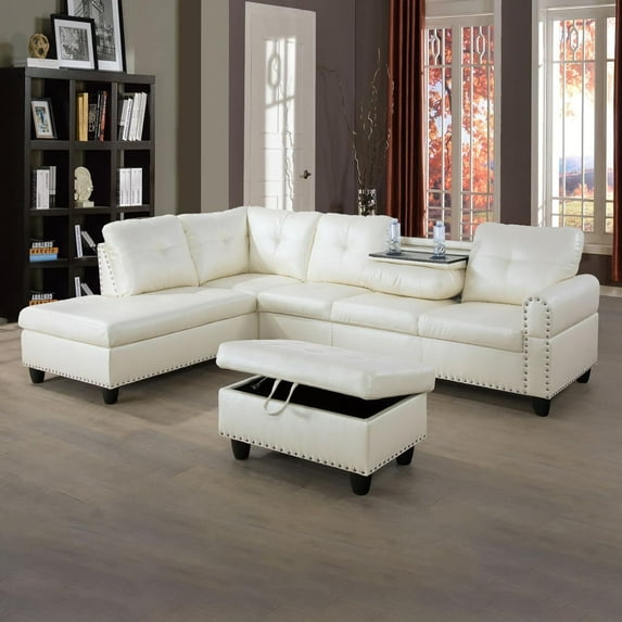 PonLiving Sectional Sofa, 97.5" White Faux Leather 3 Piece Living Room Faux Leather Couch with Storage Ottoman, Cup Holder, Left Facing Chaise