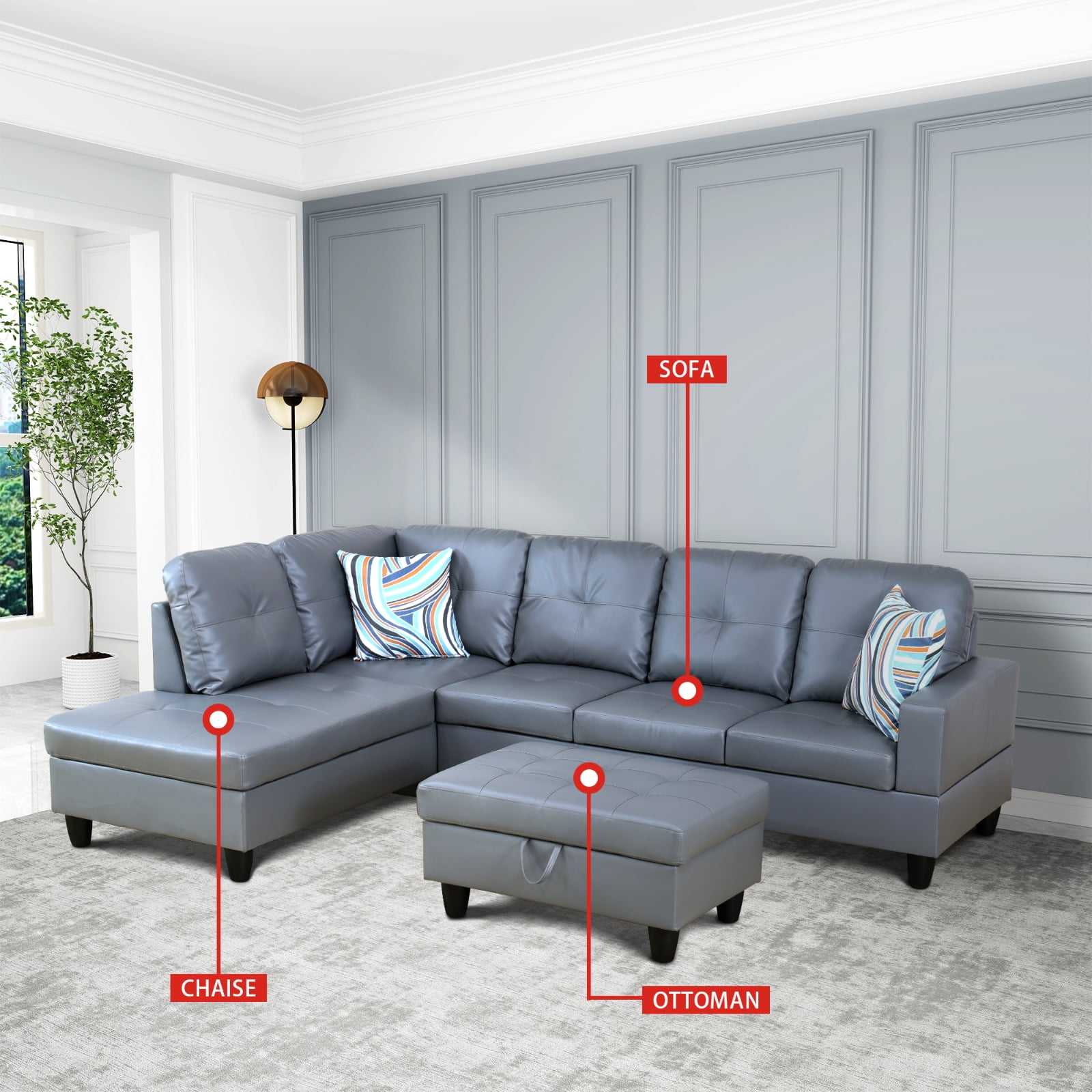 PonLiving Sectional Sofa Couch, L-Shaped 3-Piece Couch Living Room Sofa Set for Small Space, Apartment, Loft, Office, Left Hand Facing, Dark Grey