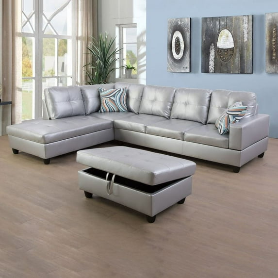PonLiving Sectional Sofa Couch, L-Shaped 3-Piece Couch Living Room Sofa Set for Small Space, Apartment, Loft, Office, Left Hand Facing, Silver White