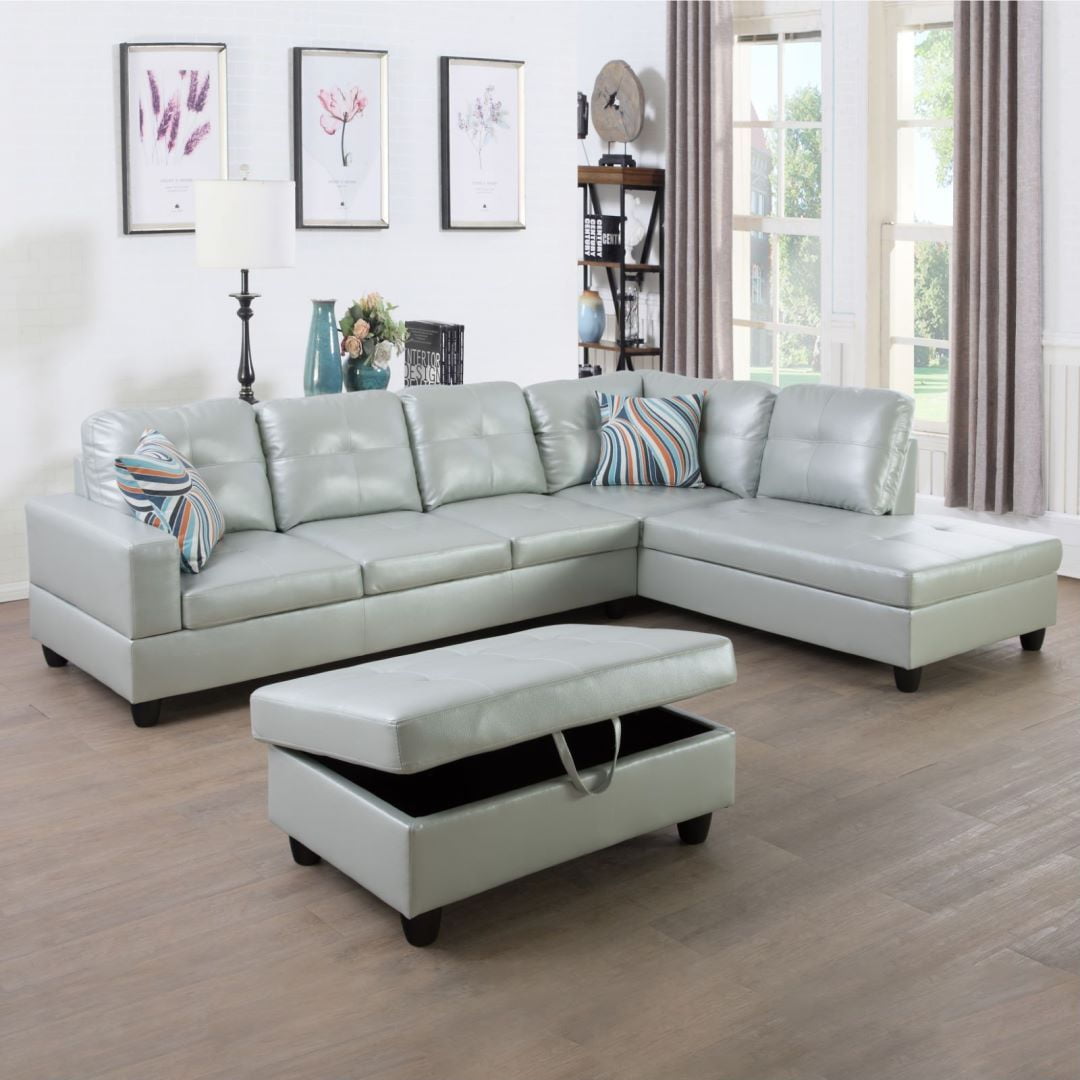 PonLiving Sectional Sofa Couch, L-Shaped 3-Piece Couch Living Room Sofa Set for Small Space, Apartment, Loft, Office, Right Hand Facing, Silver Green