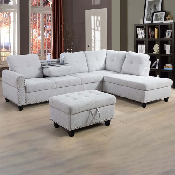 PonLiving Sectional Sofa, Living Room Couch with Storage Ottoman, Cup Holder, Right-Chaise, Light Gray