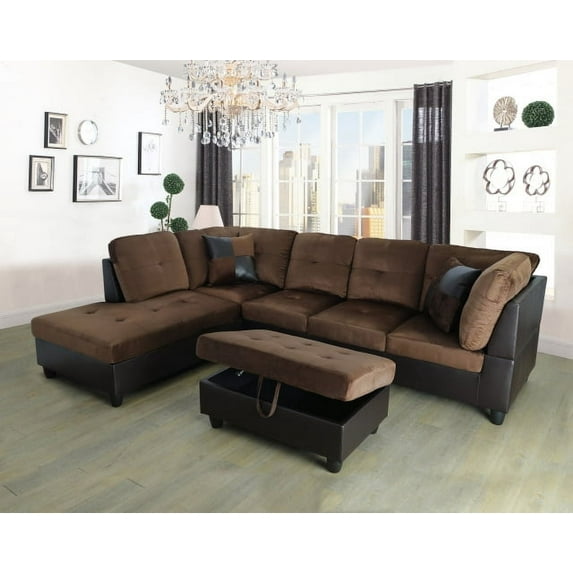 PonLiving Waverly 103.5'' Right & Left Hand Facing Sectional Sofa with Storage Ottoman, Microfiber & Leather Upholstered