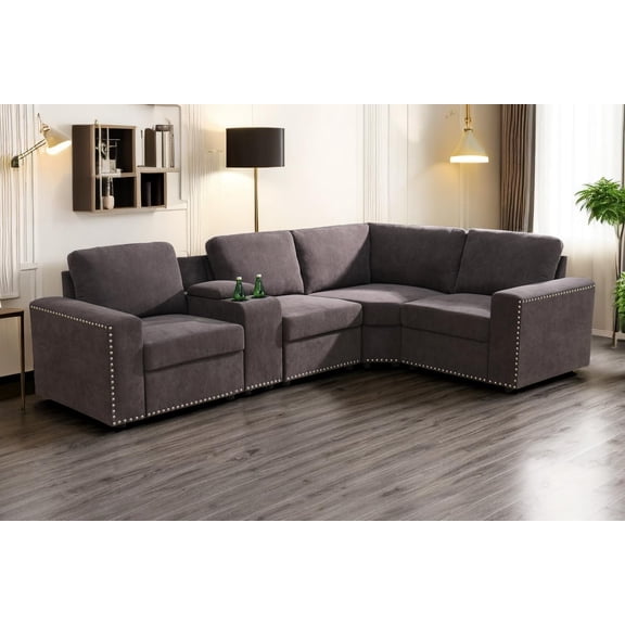 PonLivingModular L-Shaped Sectional Sofa Couch with Ottoman Corduroy Couch for Living Room, Office Brown