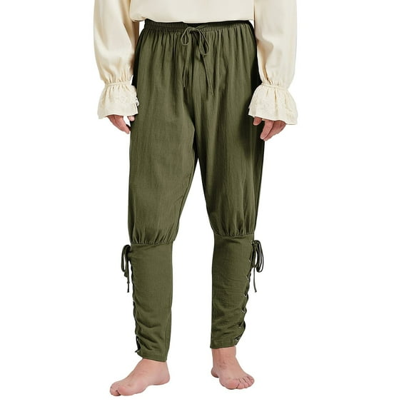 Ponceau Mens Pirate Pants Ankle Banded Renaissance Pants Medieval Viking Navigator Pants Halloween Pirate Costume with Drawstrings Army Green Small