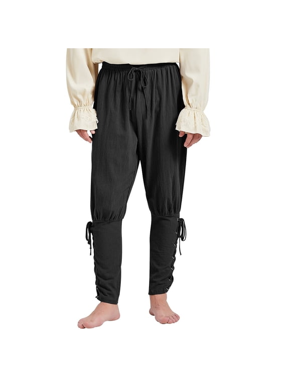 Mens Pirate Pants Ankle Banded Renaissance Pants Medieval Viking Navigator Pants Halloween Pirate Costume with Drawstrings Black Large