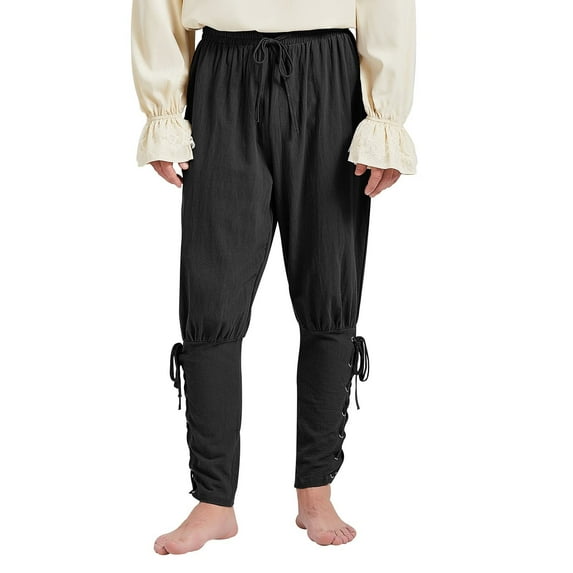 Ponceau Mens Pirate Pants Ankle Banded Renaissance Pants Medieval Viking Navigator Pants Halloween Pirate Costume with Drawstrings Black X-Large