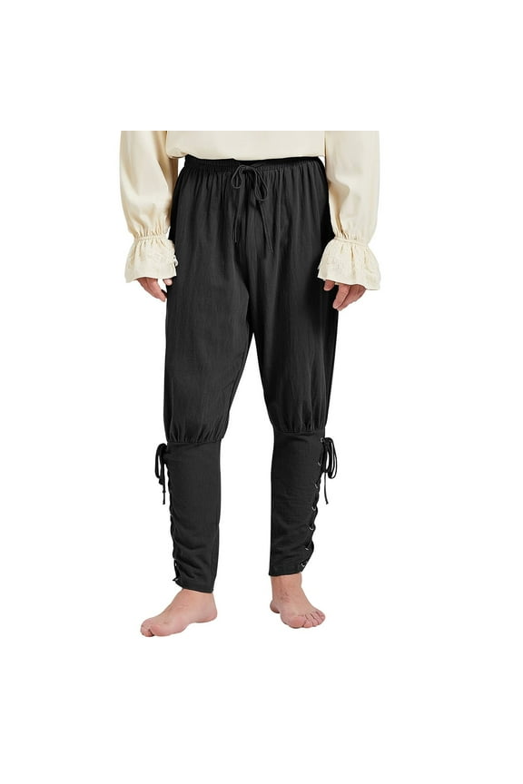 Mens Pirate Pants Ankle Banded Renaissance Pants Medieval Viking Navigator Pants Halloween Pirate Costume with Drawstrings Black X-Large
