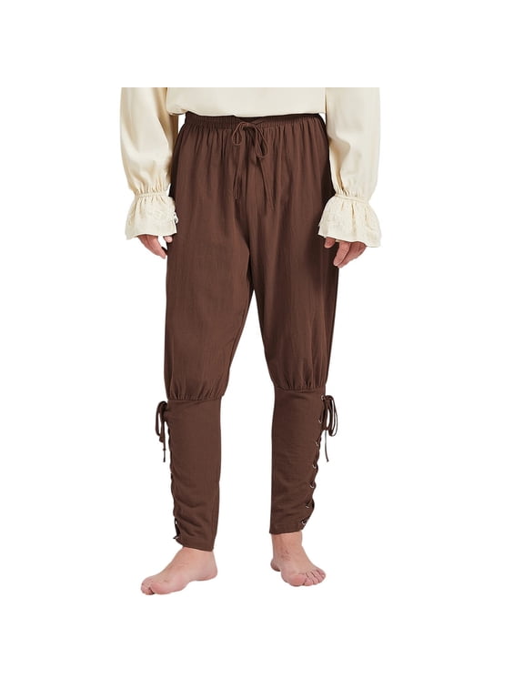 Mens Pirate Pants Ankle Banded Renaissance Pants Medieval Viking Navigator Pants Halloween Pirate Costume with Drawstrings Brown Large