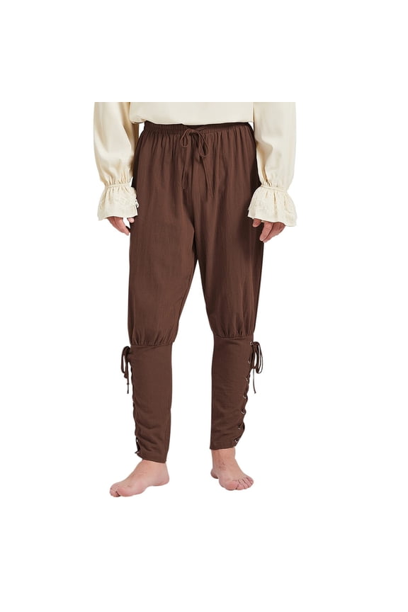 Mens Pirate Pants Ankle Banded Renaissance Pants Medieval Viking Navigator Pants Halloween Pirate Costume with Drawstrings Brown Small