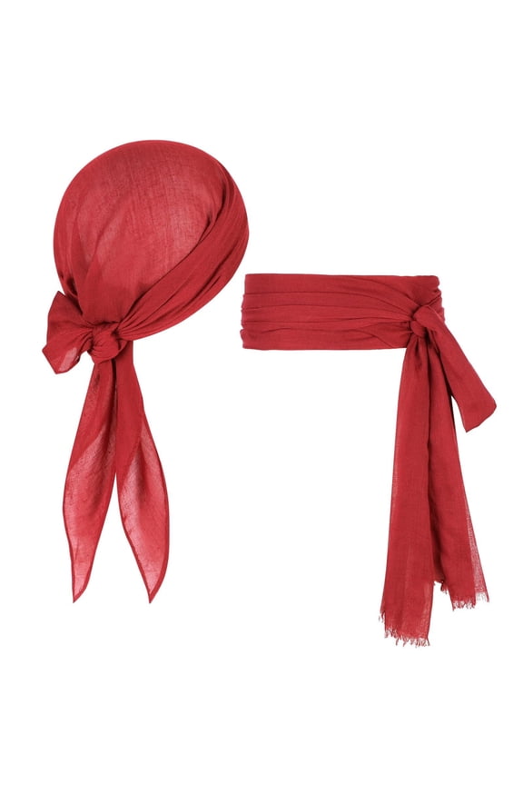 Pirate Costume Accessories Set Unisex Ponceau Red Bandana Head Scarf Waist Belt for Women & Men Complete Halloween Cosplay & Themed Party