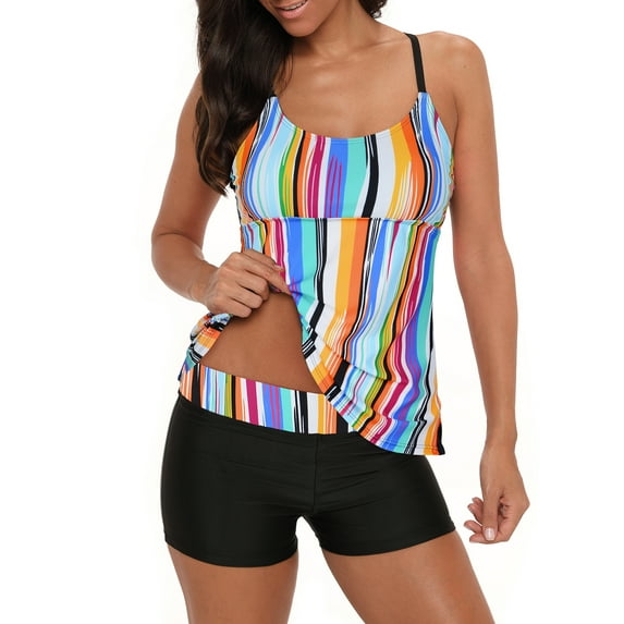 Ponceau Tankini Bathing Suits for Women Two Piece Tankini Swimsuits Women Tummy Control Swimsuit Athletic Tankini Top Swimwear Fashion Rainbow Striped L