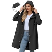 Womens Rain Jacket Long Waterproof Rain Jacket Women Lightweight Womens Raincoat Packable Trench Coats Black L