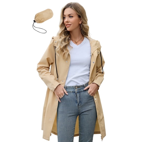 American Trends Womens Rain Jacket Long Waterproof Rain Jacket Women Lightweight Womens Raincoat Packable Trench Coats Light Khaki L