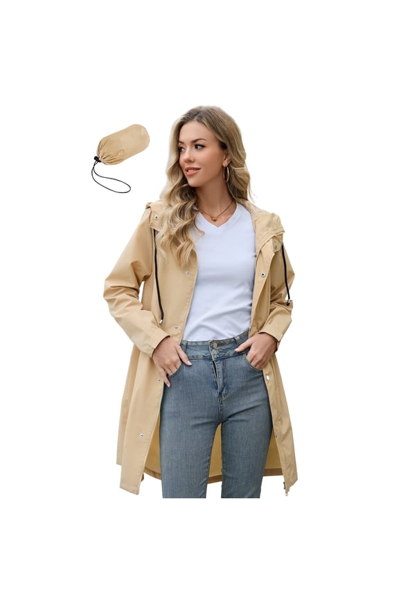 Womens Rain Jacket Long Waterproof Rain Jacket Women Lightweight Womens Raincoat Packable Trench Coats Light Khaki L