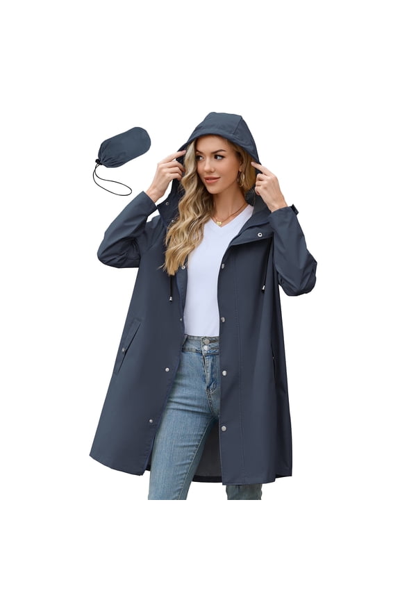 Womens Rain Jacket Long Waterproof Rain Jacket Women Lightweight Womens Raincoat Packable Trench Coats Navy L