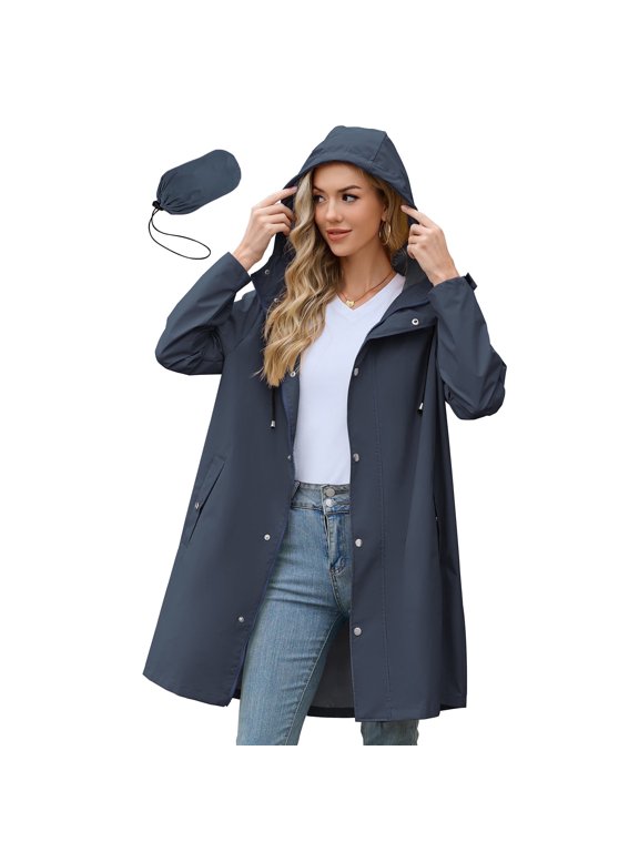 Womens Rain Jacket Long Waterproof Rain Jacket Women Lightweight Womens Raincoat Packable Trench Coats Navy M