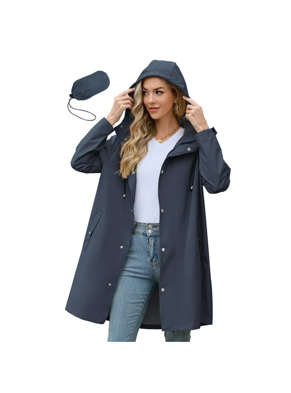 Womens Rain Jacket Long Waterproof Rain Jacket Women Lightweight Womens Raincoat Packable Trench Coats Navy M