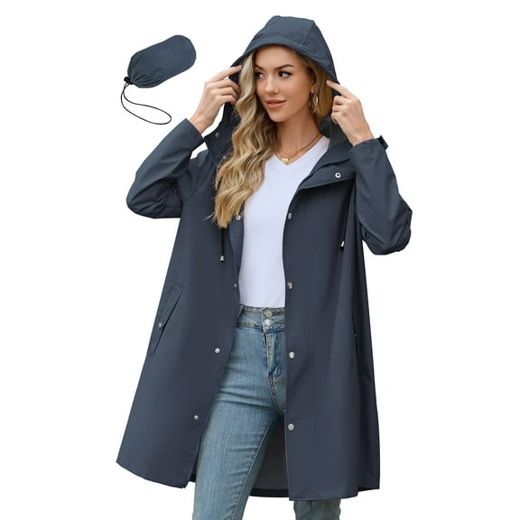 American Trends Womens Rain Jacket Long Waterproof Rain Jacket Women Lightweight Womens Raincoat Packable Trench Coats Navy S