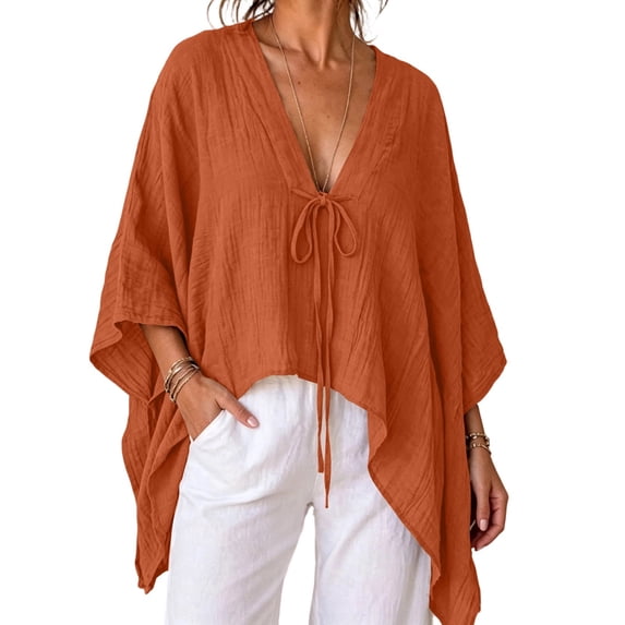 Poncho Blouse for Women V Neck Tie Front Batwing Sleeve Tunic Tops Loose Casual Vacation Cover Up for Summer Travel Orange XL(XL)