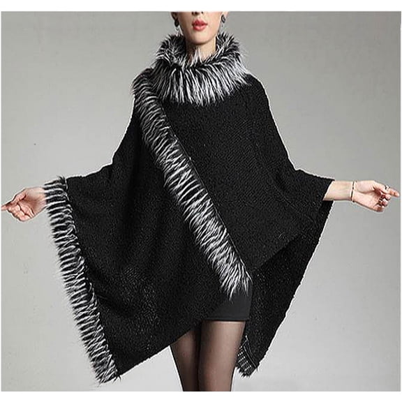Poncho - Knitted Turtle Neck with Faux Fur Trim, Black Color, SF-RUM27BK