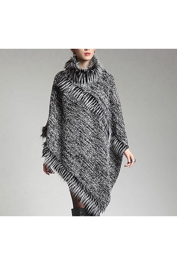 Poncho - Knitted Turtle Neck with Faux Fur Trim, Gray Color, SF-RUM27GY