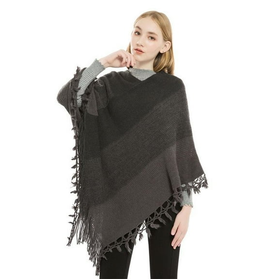 Poncho Shawl, Duoif Women Striped with Tassels Knitted Shawl Scarf Fringed Pashminas Sweater Pullover Cape Shawl Wraps for Women Dark Gray