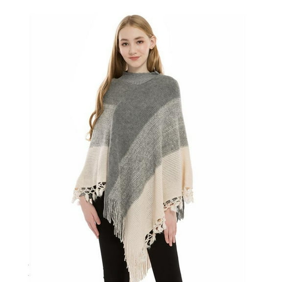 Poncho Shawl, Duoif Women Striped with Tassels Knitted Shawl Scarf Fringed Pashminas Sweater Pullover Cape Shawl Wraps for Women Grey