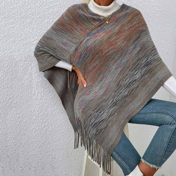 Poncho Shawl, Duoif Womens Color Frayed Pullover Fringed Shawl Sweater Cape Fashion Coat Shawl Wraps for Women Grey S