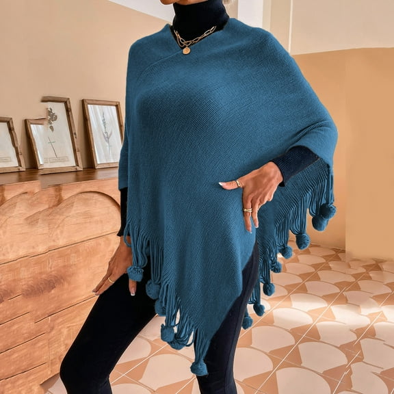 Poncho Shawl, Duoif Womens Solid Color Frayed Pullover Fringed Shawl Sweater Cape Fashion Coat Shawl Wraps for Women Blue L