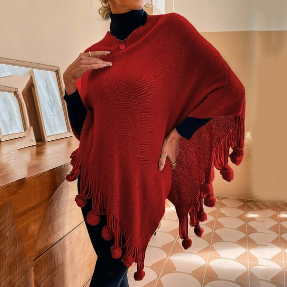 Poncho Shawl, Duoif Womens Solid Color Frayed Pullover Fringed Shawl Sweater Cape Fashion Coat Shawl Wraps for Women Red L