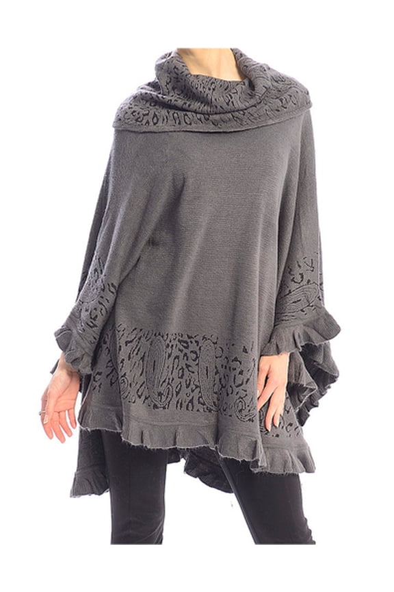 Poncho/ Shawl - Turtleneck Ruffled Hem - Grey - SF-FW421GY