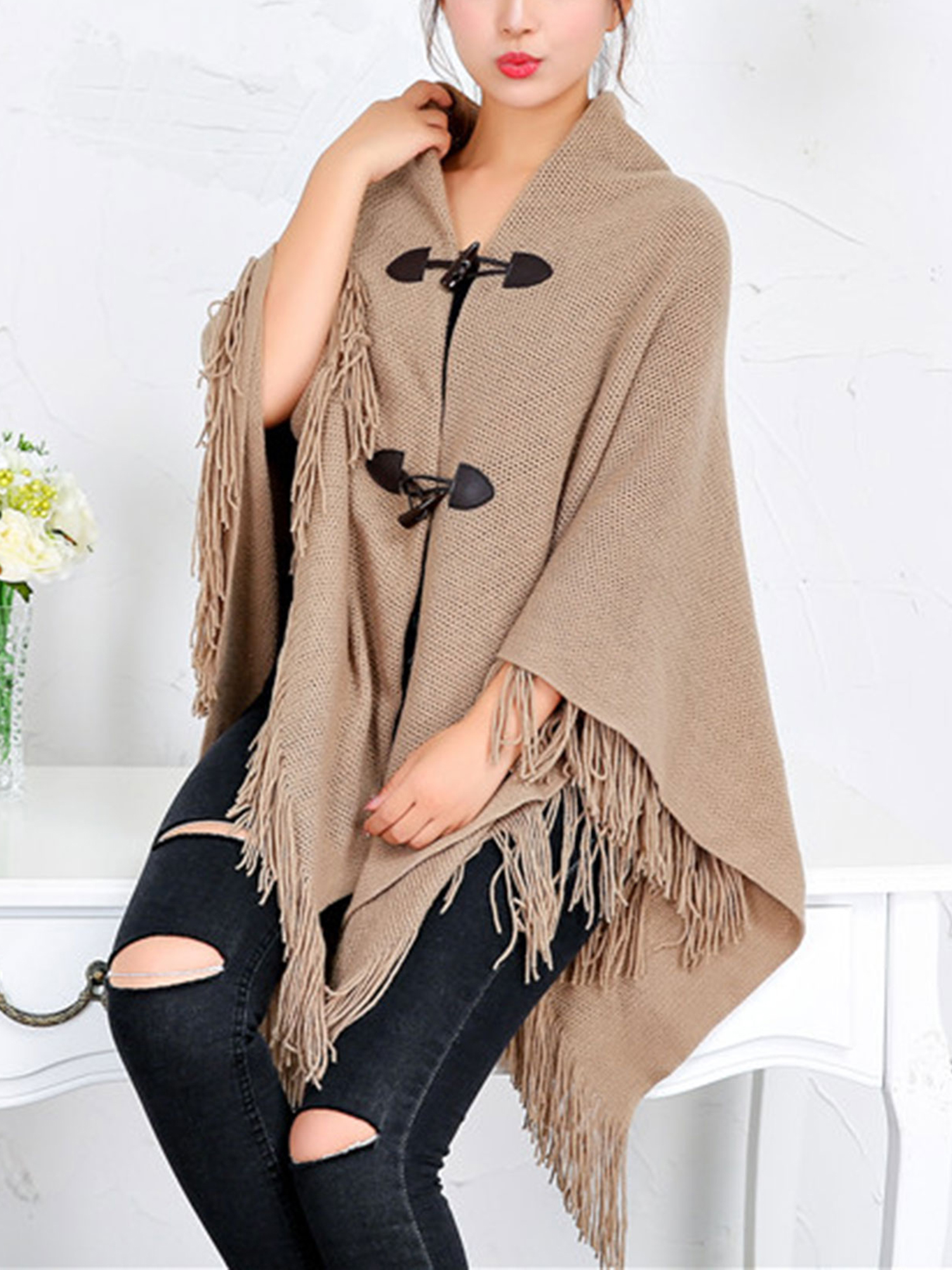 Poncho Sweater Women Oversized Horn Buttons Knit Poncho Cape Coat Cardigan Shawl Tassel Wrap Sweater for Women - image 1 of 7