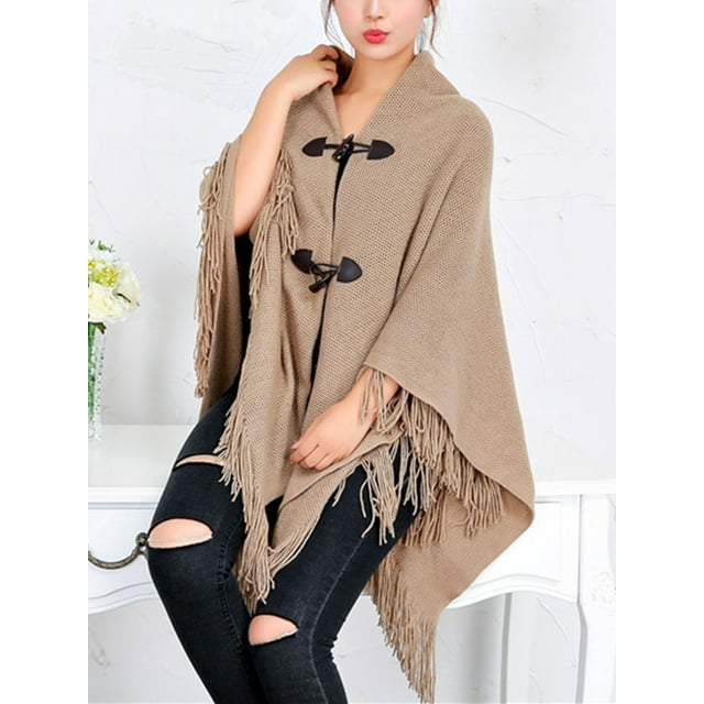 Poncho Sweater Women Oversized Horn Buttons Knit Poncho Cape Coat Cardigan Shawl Tassel Wrap Sweater for Women