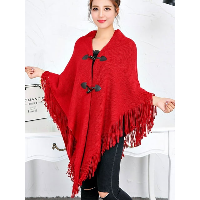 Poncho Sweater Women Oversized Horn Buttons Knit Poncho Cape Coat Cardigan Shawl Tassel Wrap Sweater for Women