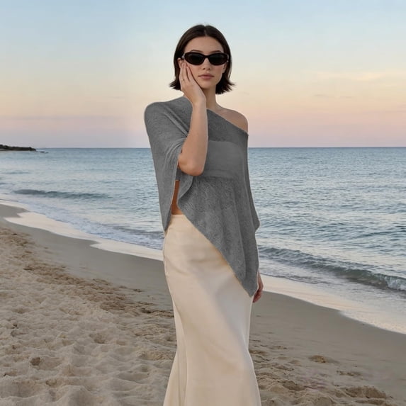 Poncho Women Mesh Sheer Swim Cover up Lightweight Summer Beach Cape Grey by Hontri