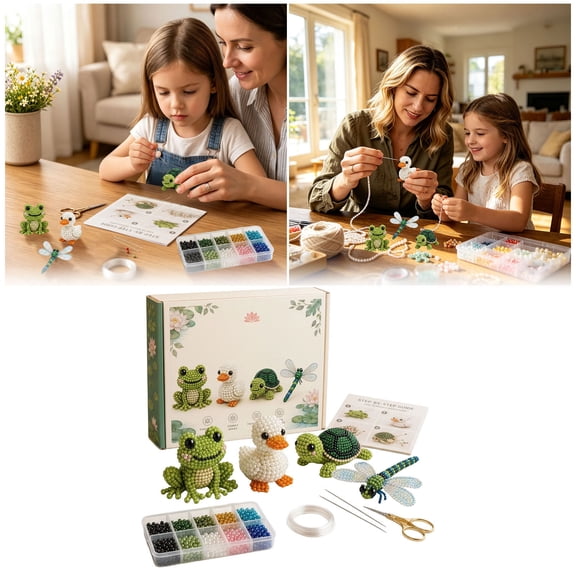 Pond Animal DIY Beading Kit 3.15 Inch Frog Duck Turtle Dragonfly Handmade Beadwork Set for Kids Adults Parent-Child Craft Jewelry Making