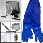Pond Cleaning Care Kit, 4-in-1 Net Set Includes String Algae Scrubbing Brush, Skimming Net & Fish Catching Net with 6 FT Telescopic Pole Arm Pond Gloves