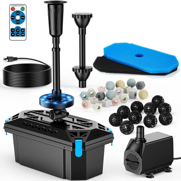 Pond Filter with Fountain Kits, 660GPH Pond Pump Filter Built-in RGB LED Lights with Remote Controller, Pond Filters for Outdoor Ponds Clean, Clear and Water Features P2326D