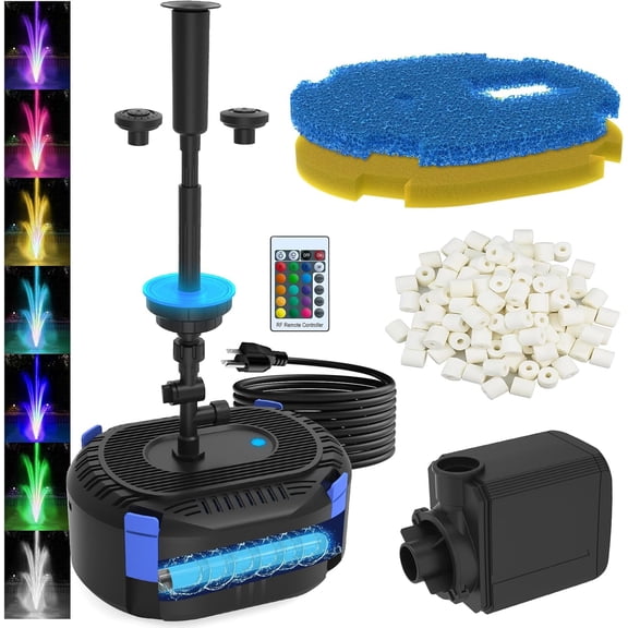 Pond Filter with Fountain Kits | Remote Control Colorful LED Lights | 550GPH Koi Pond Filter Pump with U - V | Tackle Green Water Al-gae | 3 Spray Patterns | for Outdoor Ponds 200-500 Gal