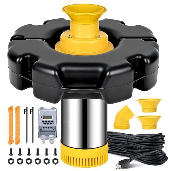 Pond Fountain Aerator, 1HP 110V 750W 15000 GPH Pond Fountain Pump,Floating Aerators with 100 Ft Power Cord, 2 x 102 Ft Traction Rope, Timer Switch Built-in Handles for Outdoor Ponds