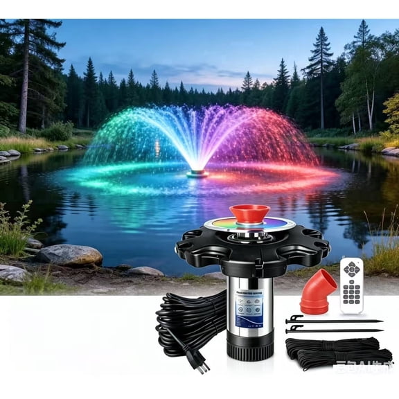 Foxlux Pond Fountain Aerator with RGB Lights, 15000 GPH Floating Pump, Stainless Steel, IP68 Waterproof, for Lakes & Ponds, 100ft Power Cord 1HP 750W 120V