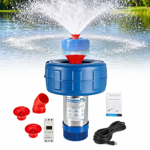 Pond Fountain Aerator, 1HP 750W 110V 15000GPH Floating Fountain Pump with 100ft Power Cord, Timer, Fountain for Outdoor Ponds