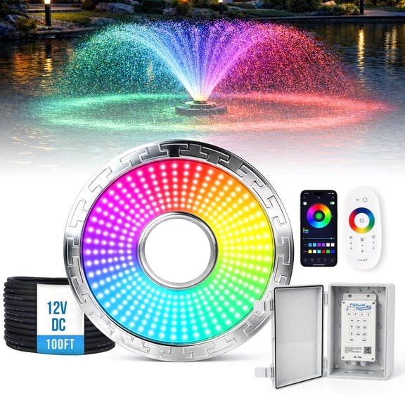 Foxlux Pond Fountain Aerator Lights, LED RGB Multicolor Aerator Floating Fountain Light, IP68 Waterproof, AC 120V, 100ft Cable with Controller, APP & Remote Control