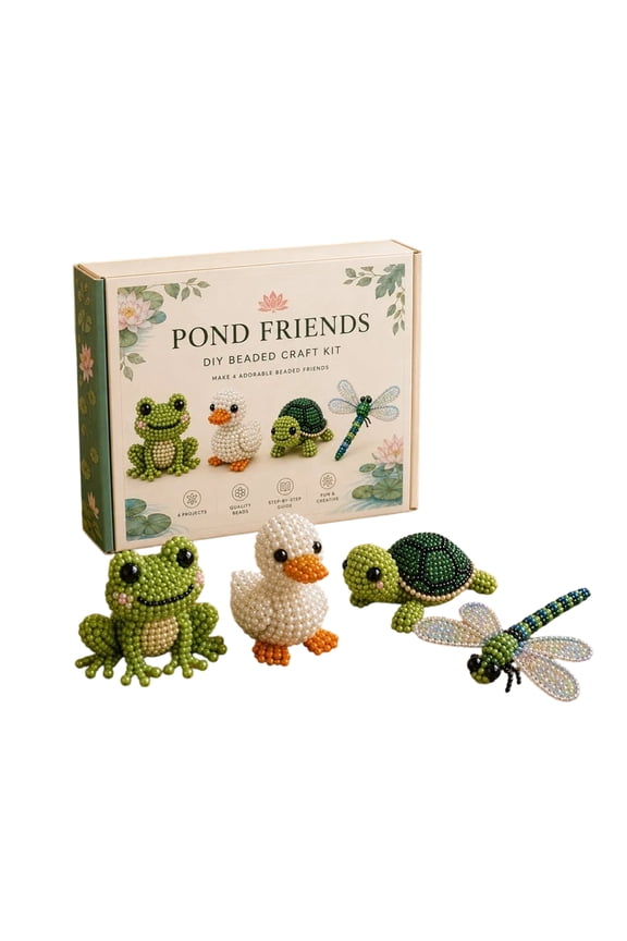 Pond Friends DIY Beaded Craft Kit, Frog Dragonfly Turtle Pony Bead Patterns for Keychain Ornament, Beginner Beading Set for Adults and Teens