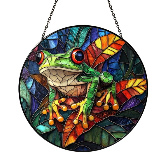 Pond Frog Silhouette Stained Glass Style Decorative Window Panel, Nature Hanging Art