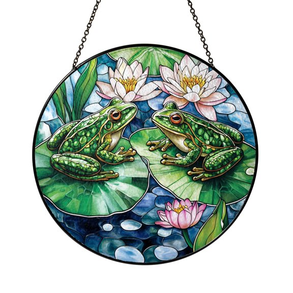 Pond Frog and Flowers Decorative Window Hanging – Stained Glass Style
