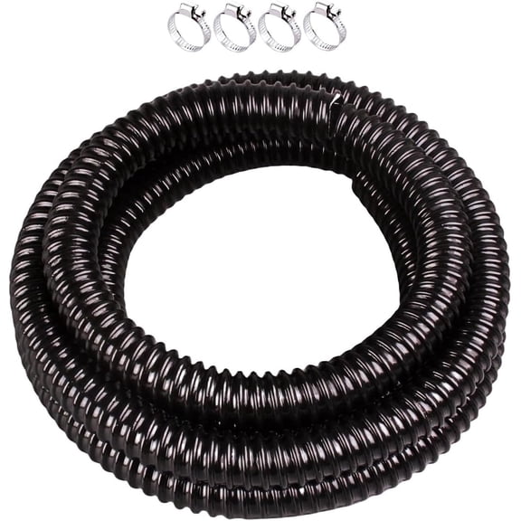 Pond Hose ID 1-1/2x 10ft Flexible PVC Corrugated Pond Tubing Black Kinkproof Strong Flex Tubing for Garden Ponds, Waterfalls, Filters & Drainage,with 4 Clamps.