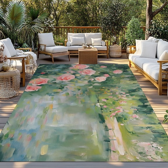 Pond Indoor Outdoor Rugs 3x5 Ft, Floral Botanical Pink Rose Vintage Summer Outdoor Patio Rugs Mat Washable Outside Area Rugs Carpet for Porch Deck RV Camping Pool Balcony Backyard