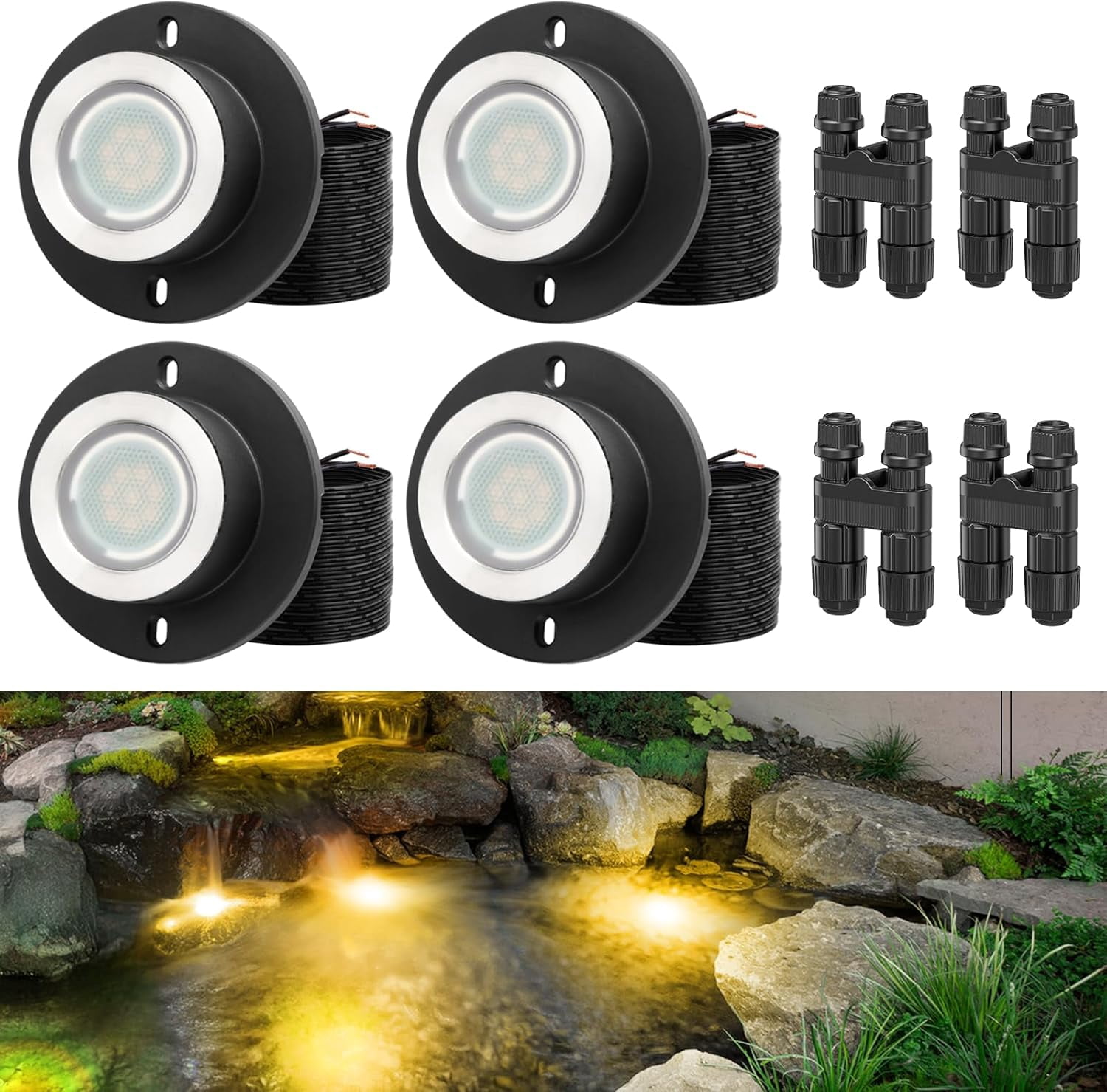 Pond Lights, LED Underwater Pond Lights, IP68 Waterproof Fountain Lights for Ponds, 2700K Warm White, 3W Landscape Spotlights for Outdoor Tank Garden Waterfall, 12-24V AC/DC Low Voltage, 4 Pack