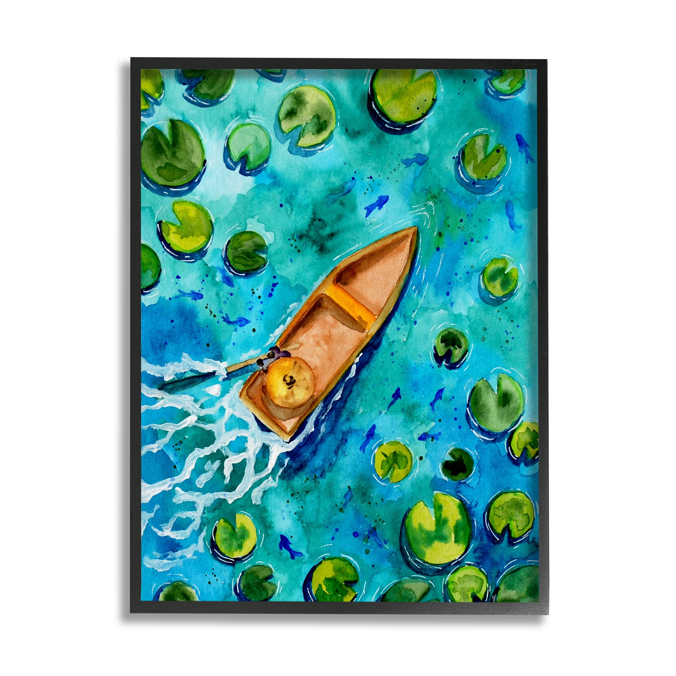 Pond Lilies Lake Boat Splash Transportation Painting Black Framed Art Print Wall Art